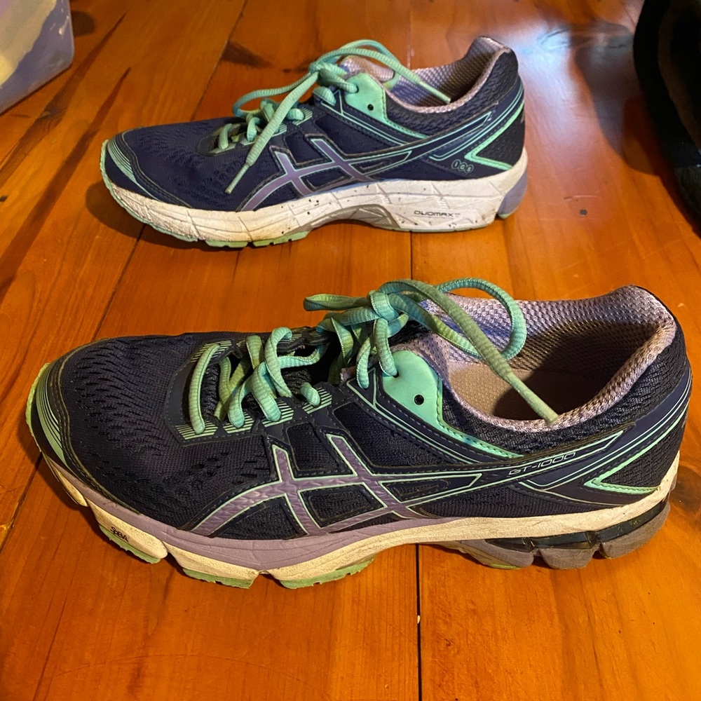 Purple and turquoise Asics sneakers